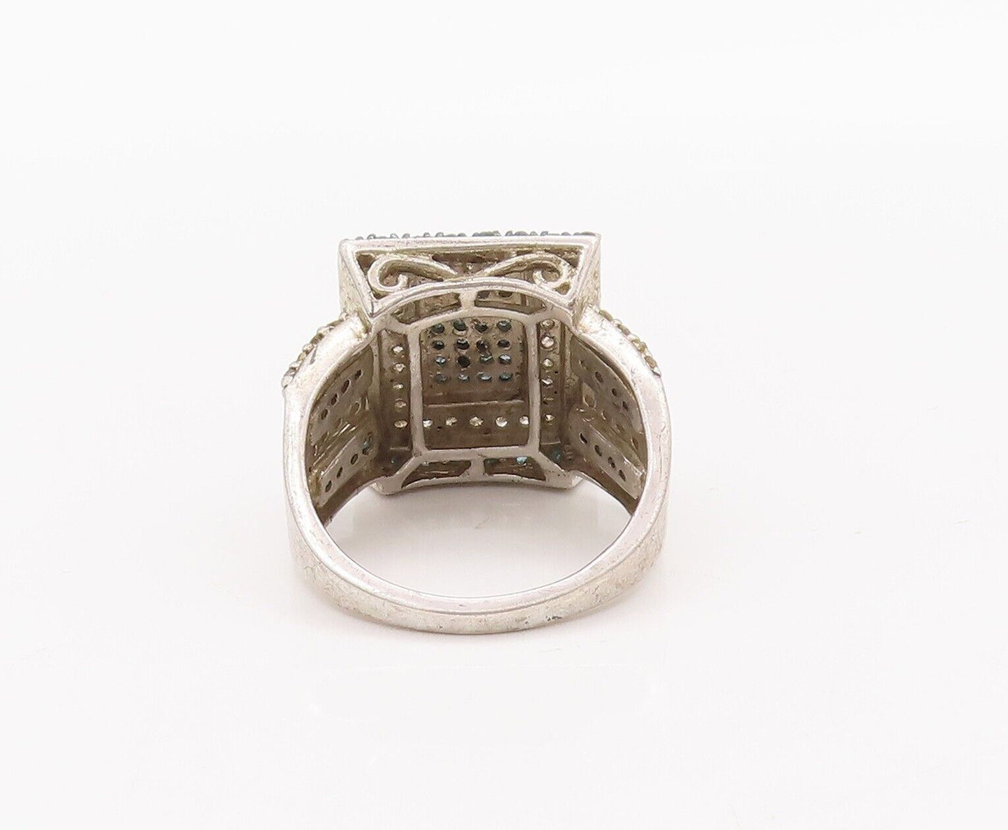 925 Sterling Silver Vintage Ring Rectangle Real Two Tone Diamonds  Sz 8 RG28430
