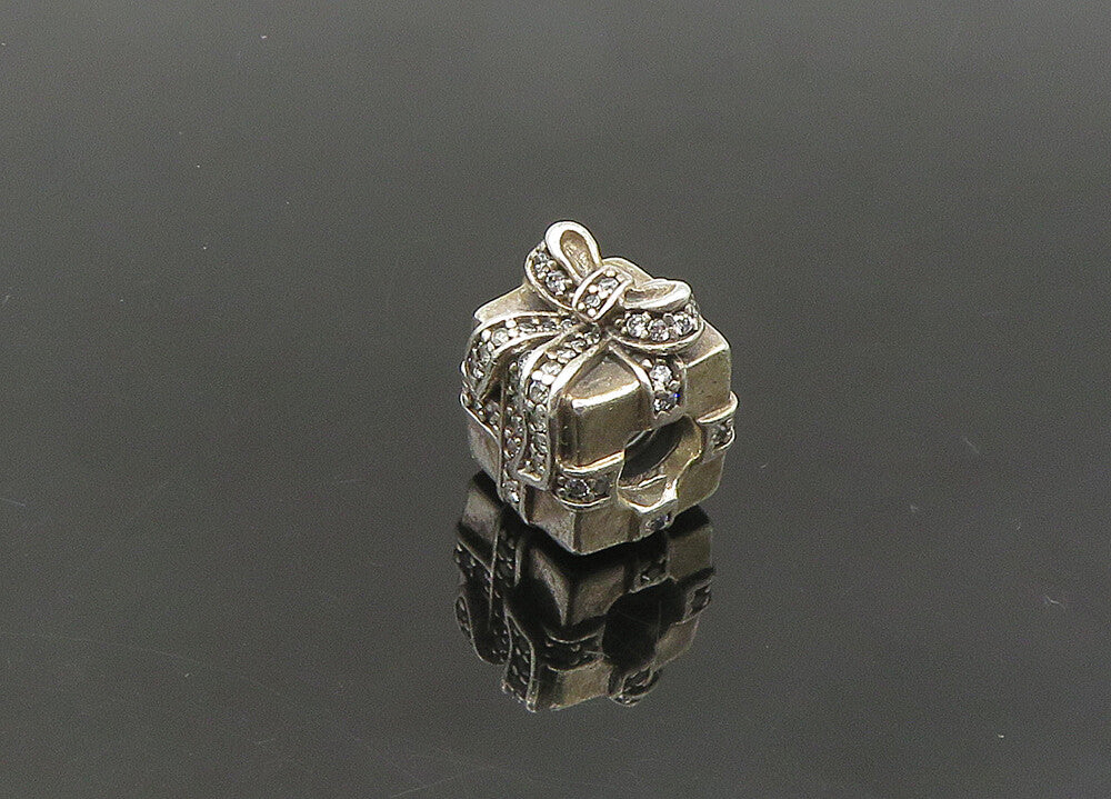 PANDORA 925 Silver  Vintage Shiny Topaz Gift Box Motif Slide Pendant  PT17498