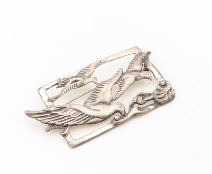 925 Sterling Silver Vintage Brooch Pin Antique Framed Cut Flying Birds BP11292