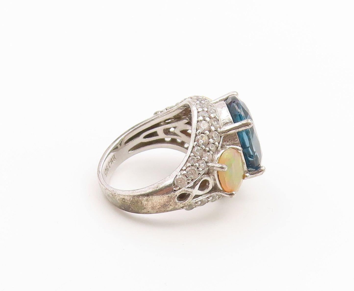 925 Sterling Silver Vintage Ring Blue Topaz & Opal Statement Band  Sz 4  RG36844