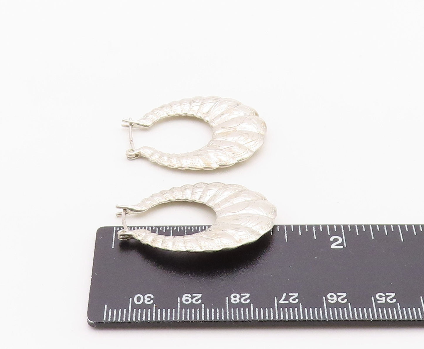 925 Sterling Silver Vintage Earrings Modernist Etched Croissant Hoops  EG14409