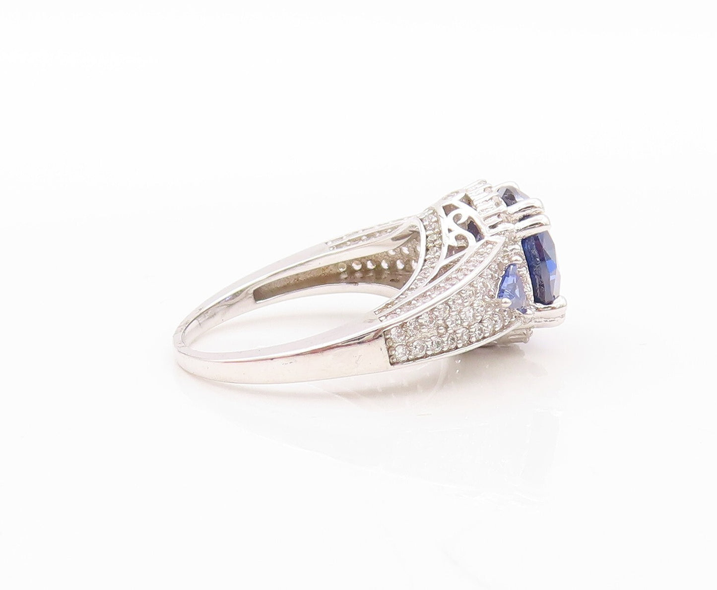 925 Sterling Silver Vintage Ring Designer Sapphire & CZ Inlay  Sz 7.5  RG30216