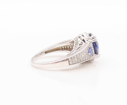 925 Sterling Silver Vintage Ring Designer Sapphire & CZ Inlay  Sz 7.5  RG30216
