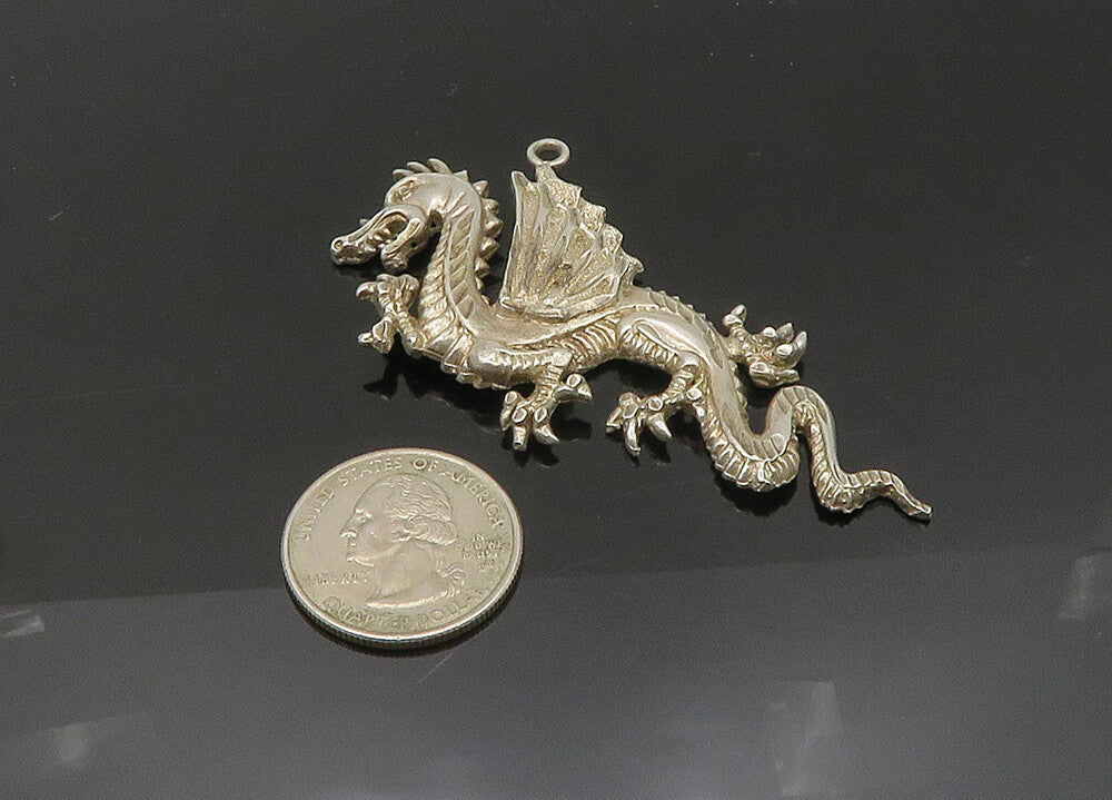 925 Sterling Silver  Vintage Diamond Cut Detail Dragon Motif Pendant  PT16387