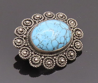 925 Sterling Silver Vintage Brooch Pin ISRAEL Turquoise Roped Flowers  BP10703