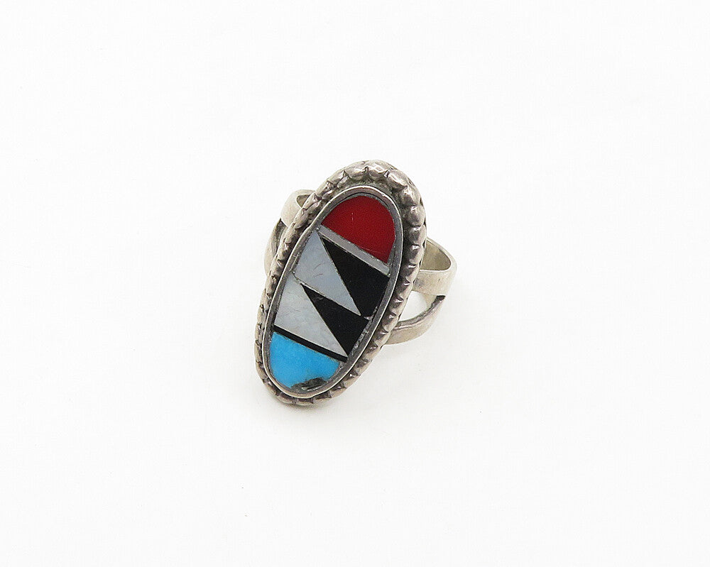 NAVAJO 925 Silver Vintage Mother Of Pearl & Multi Stone Ring Sz 6.5 RG17694