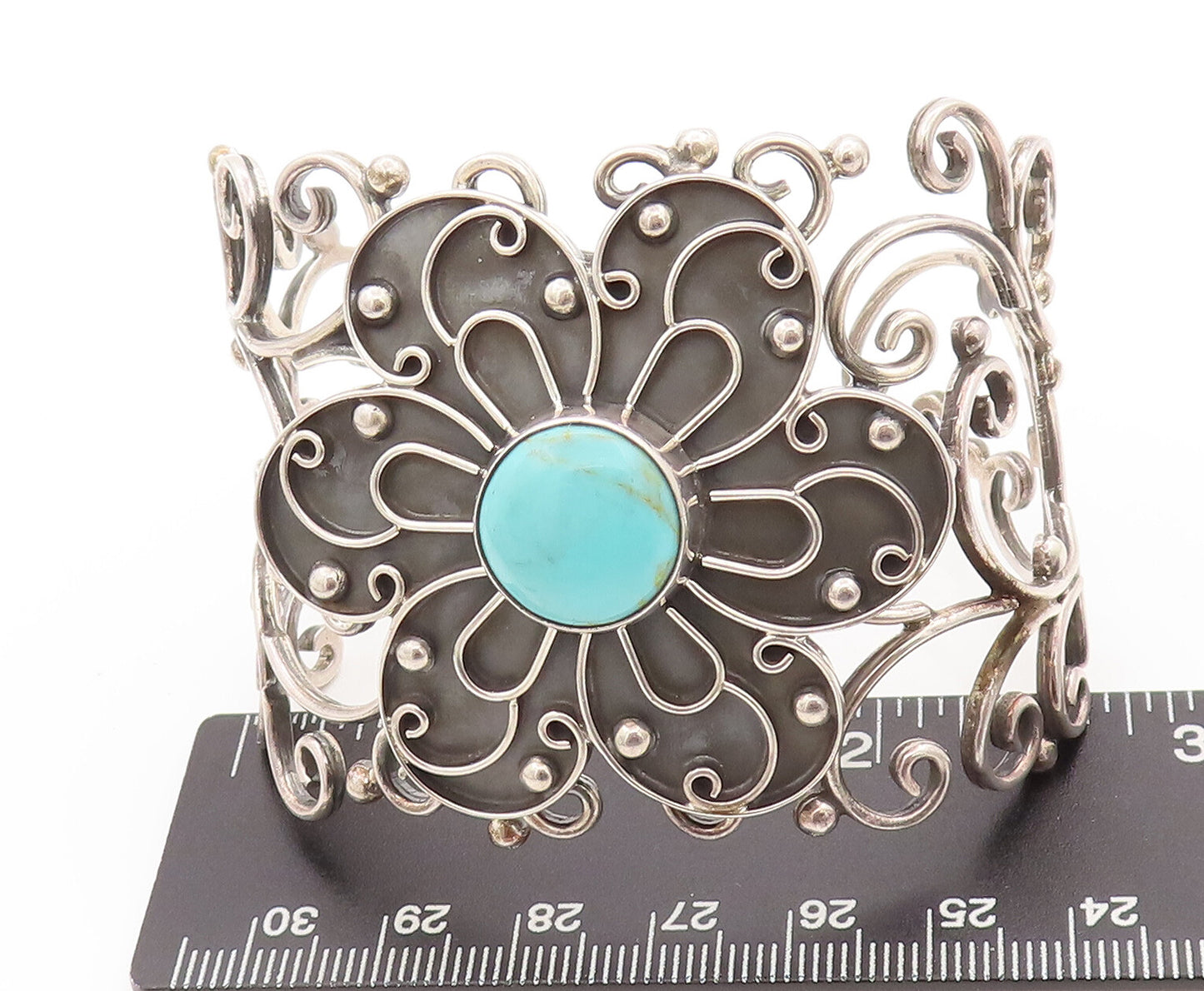 925 Sterling Silver Vintage Bracelet MEXICO Swirly Turquoise Flower Cut  BT10183