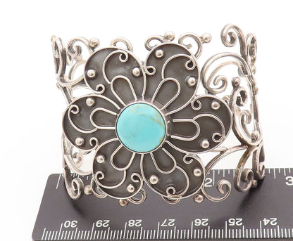 925 Sterling Silver Vintage Bracelet MEXICO Swirly Turquoise Flower Cut  BT10183