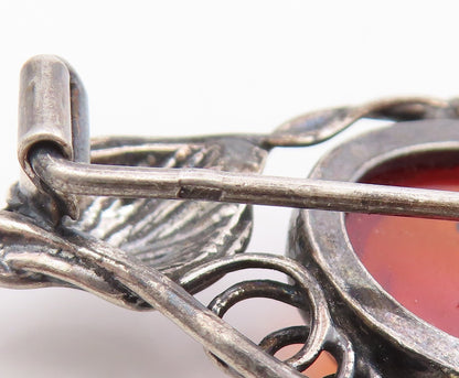 925 Sterling Silver Vintage Brooch Pin Cabochon Honey Amber Floral Leaf  BP12211