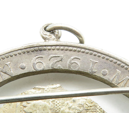 925 Sterling Silver  Vintage Antique Netherlands Queen Coin Brooch Pin  BP6273