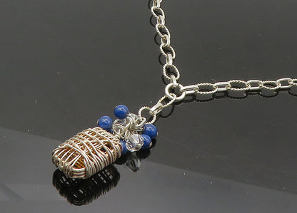 925 Sterling Silver  Vintage Lapis Lazuli Paw Print Chain Necklace  NE3574