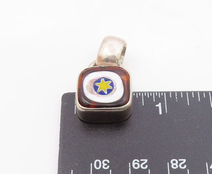 925 Sterling Silver  Vintage Enamel Art Wok On Square Amber Pendant  PT21306