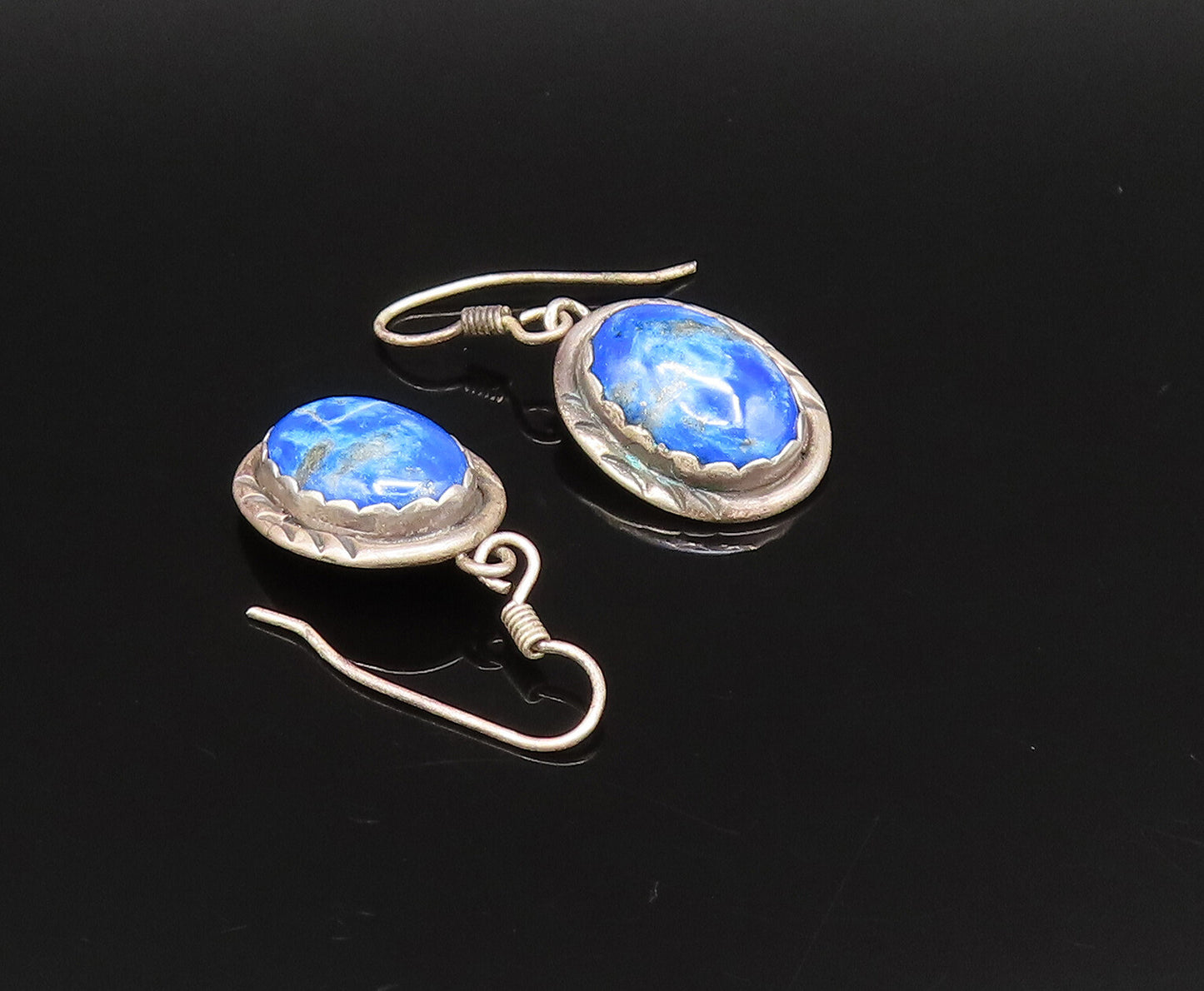 925 Silver  Vintage Etched Border Cabochon Lapis Lazuli Drop Earrings  EG12125