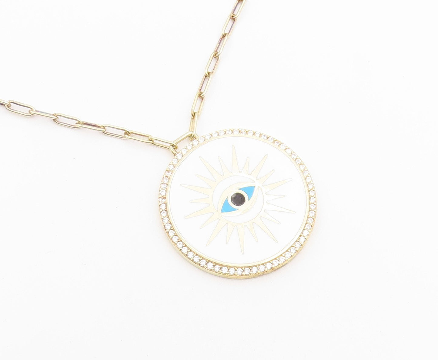 925 Sterling Silver Vintage Necklace Gold Plated CZ Enamel Evil Eye Medal NE4929