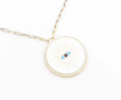 925 Sterling Silver Vintage Necklace Gold Plated CZ Enamel Evil Eye Medal NE4929