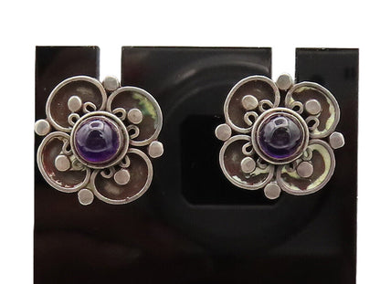 925 Silver  Vintage Cabochon Amethyst Halo Carved Flower Earrings  EG12577
