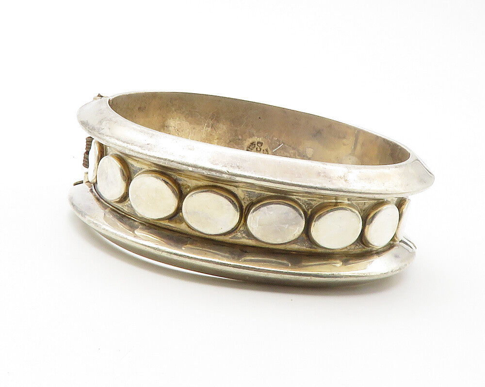 MEXICO 925 Sterling Silver  Vintage Oval Pattern Hinge Bangle Bracelet  BT5459