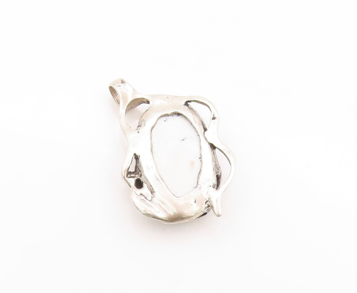 925 Sterling Silver Vintage Pendant Oval Gemstone Brutalist Carved  PT24108
