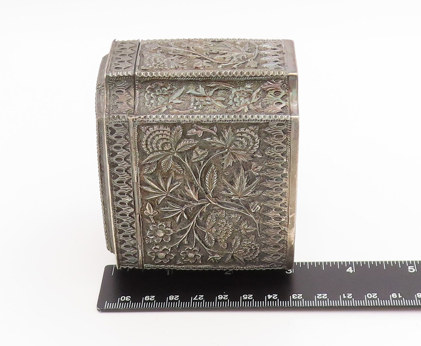 Vintage Silver  Large Trinket Box Antique Intricate Floral OPENS  TR4147