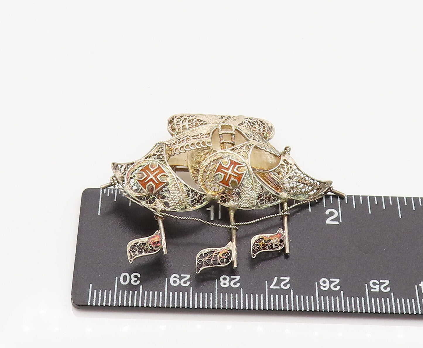 925 Silver  Vintage Enamel Cross Filigree Sailboat Ship Brooch Pin  BP10155