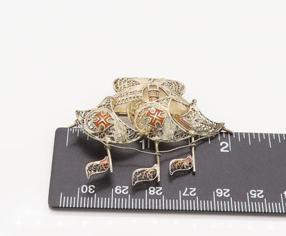 925 Silver  Vintage Enamel Cross Filigree Sailboat Ship Brooch Pin  BP10155