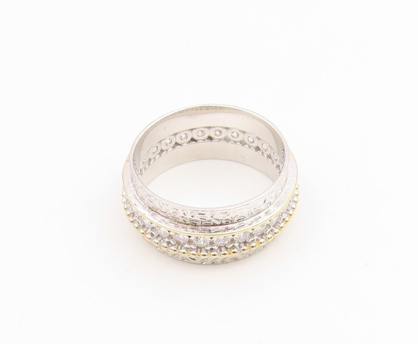 925 Sterling Silver Vintage Ring Two Tone CZ Wide Statement Band  Sz 8  RG34993
