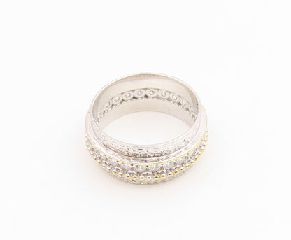 925 Sterling Silver Vintage Ring Two Tone CZ Wide Statement Band  Sz 8  RG34993