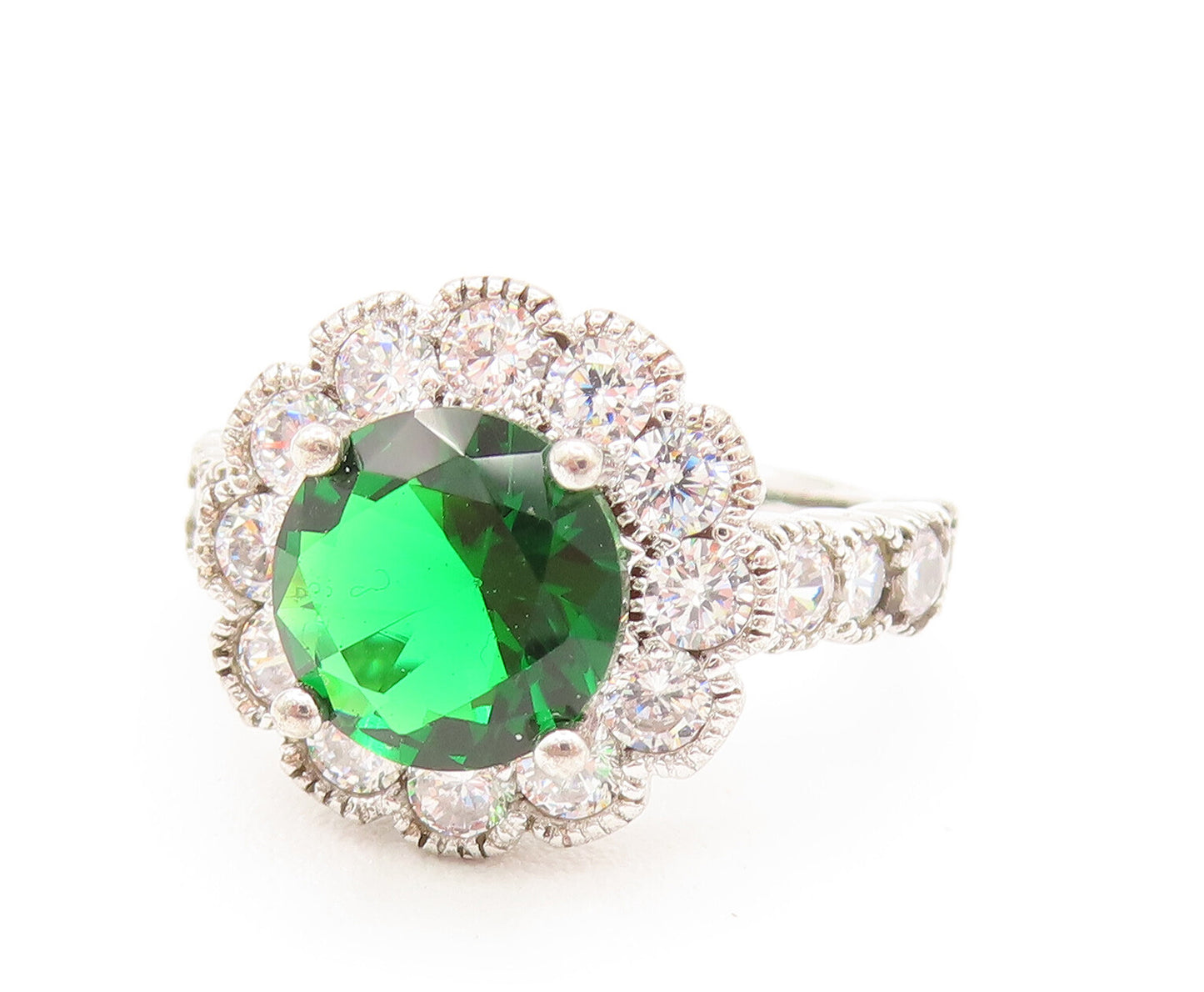 925 Silver  Vintage Emerald & Cubic Zirconia Flower Ring Sz 5.25  RG26129