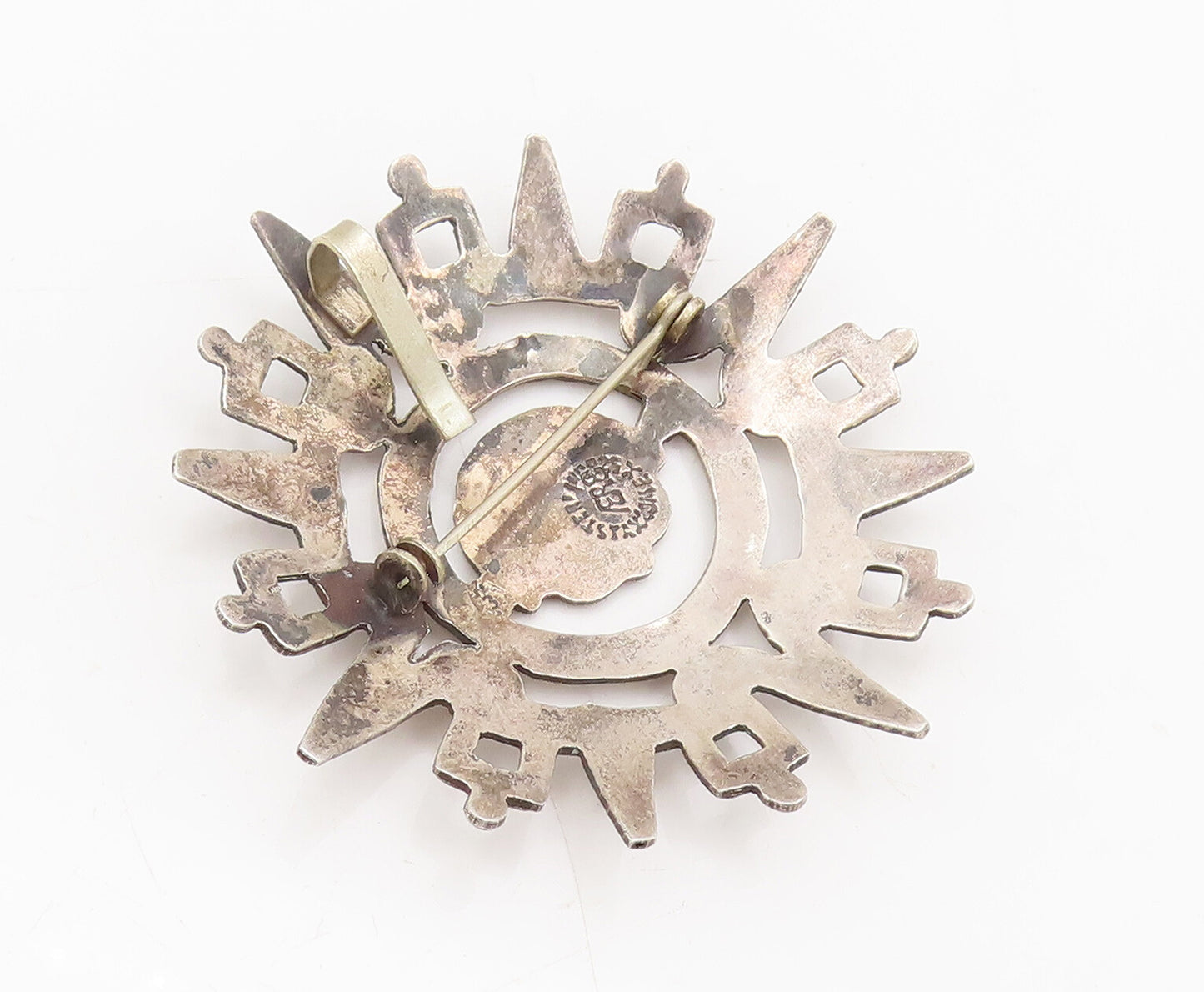 TAXCO 925 Sterling Silver  Vintage Cutout Solid Aztec Sun Brooch Pin  BP10466