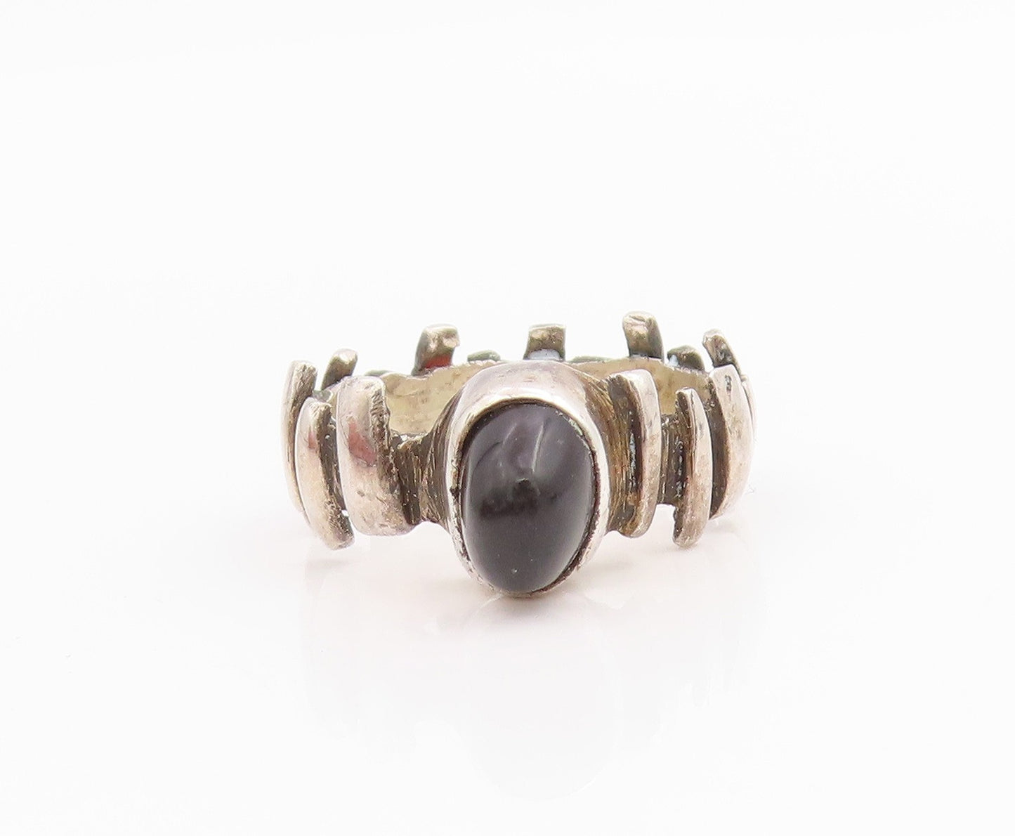 925 Sterling Silver Vintage Ring Cabochon Onyx Ribbed Design Band  Sz 5  RG33843