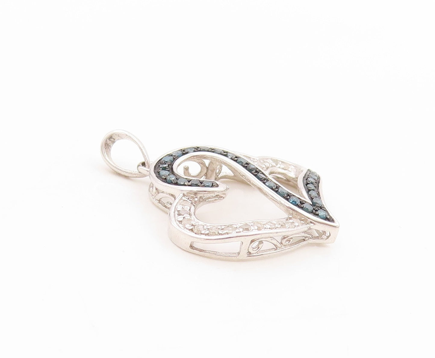 925 Sterling Silver Vintage Pendant Genuine Blue & White Diamonds Heart  PT25825