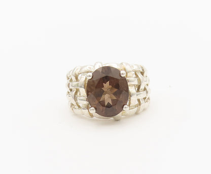 925 Sterling Silver Vintage Ring Checks Woven Effect Smokey Quartz Sz 6  RG27905