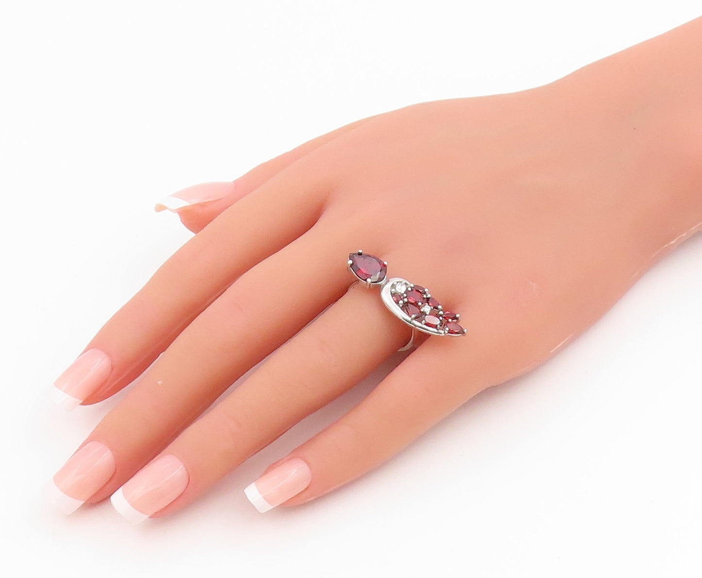 925 Sterling Silver Vintage Ring Garnet & CZ Cluster Wing Band  Sz 8  RG34282