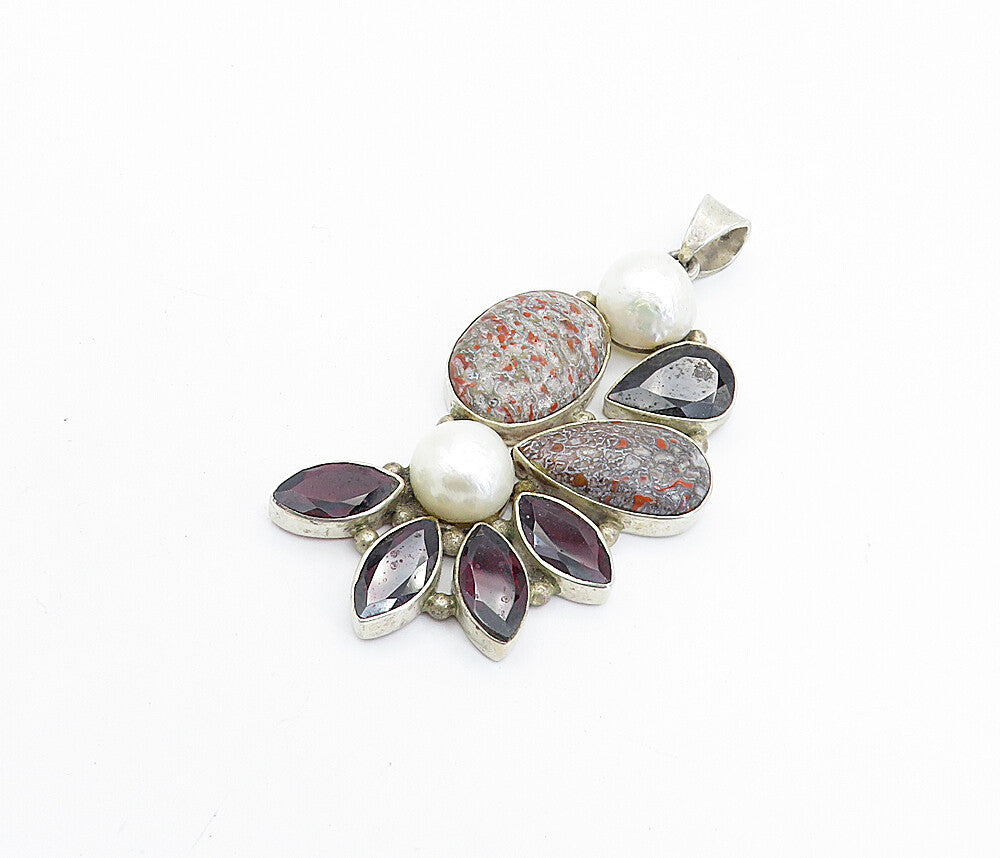 925 Sterling Silver  Vintage Pearls Garnet & Jasper Floral Pendant  PT5774