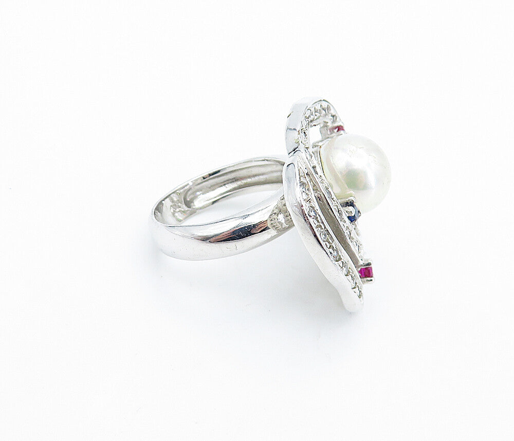 925 Sterling Silver Pearl & Multi Color Topaz Cocktail Ring Sz 7 RG6567