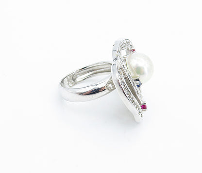 925 Sterling Silver Pearl & Multi Color Topaz Cocktail Ring Sz 7 RG6567