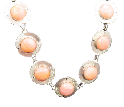 925 Sterling Silver  Vintage Seven Stone Cabochon Agate Chain Necklace  NE3998