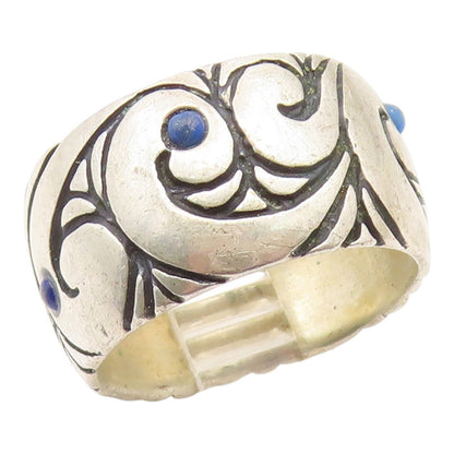 925 Sterling Silver Vintage Ring Lapis Lazuli Scrollwork Wide Band Sz 7 RG35241