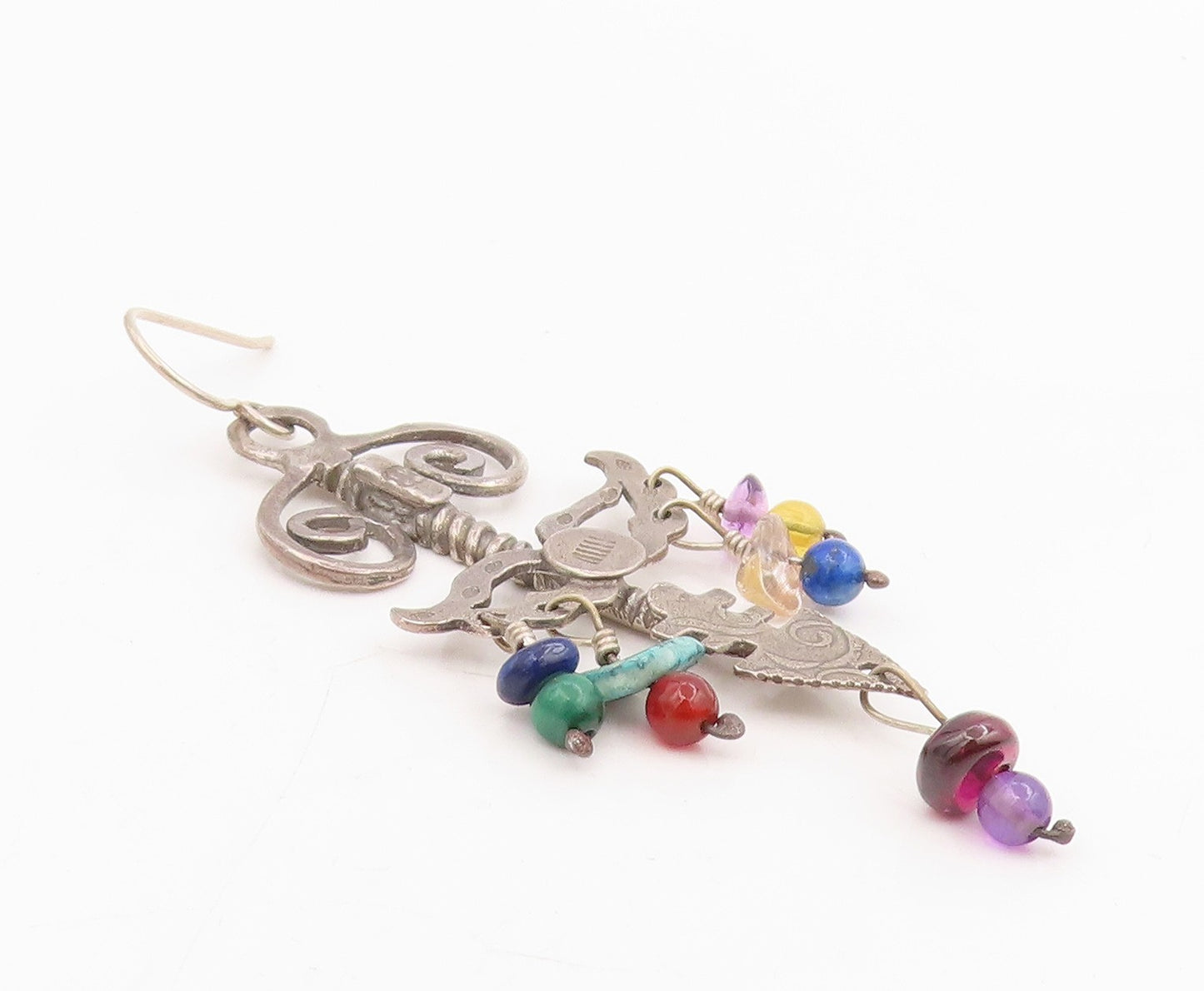 925 Sterling Silver Vintage Earrings Multi Gemstone Tribal Sword Dangle  EG14002