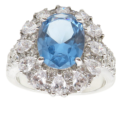 925 Sterling Silver  Shiny Blue & White Topaz Cocktail Ring Sz 9  RG18775