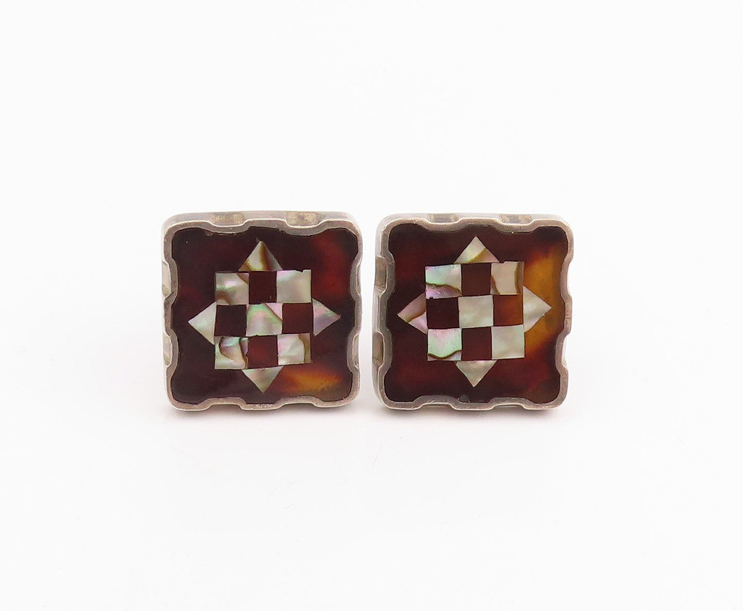 925 Sterling Silver Vintage Cuff Links MEXICO Mother Of Pearl Geometric  TR4049