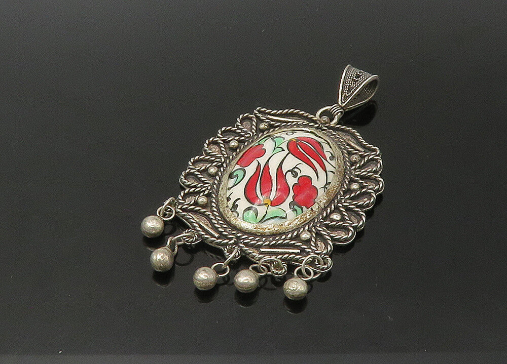 925 Sterling Silver  Vintage Enamel Floral Art Dangling Twist Pendant  PT18404