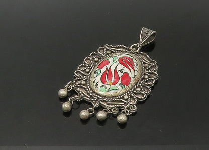 925 Sterling Silver  Vintage Enamel Floral Art Dangling Twist Pendant  PT18404