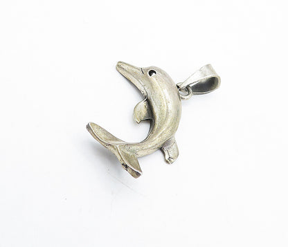 925 Sterling Silver  Vintage Dark Tone Leaping Dolphin Motif Pendant  PT3245