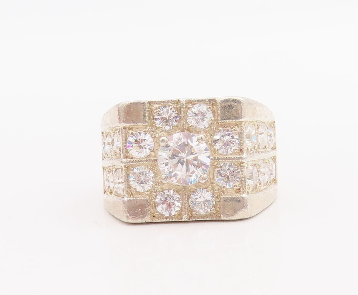 925 Sterling Silver Vintage Ring Large Solid Round CZ Inlay  Sz 8.5  RG28876