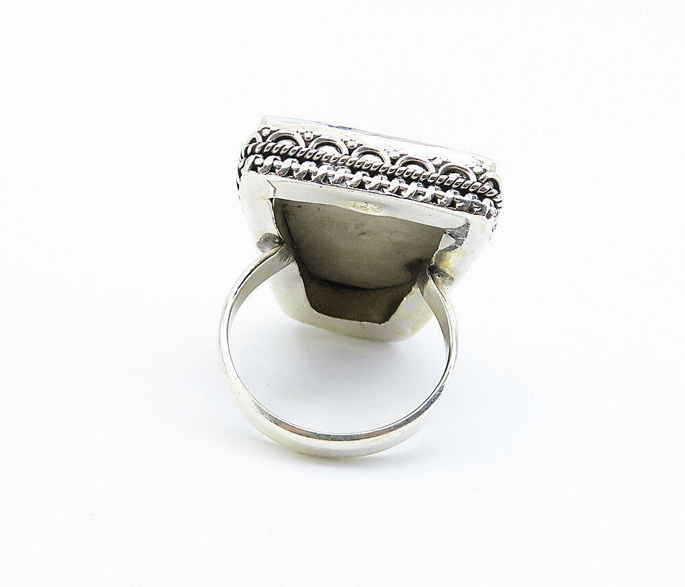 925 Sterling Silver  Floral Leaf Etched Jasper Cocktail Ring Sz 8.5  RG8199
