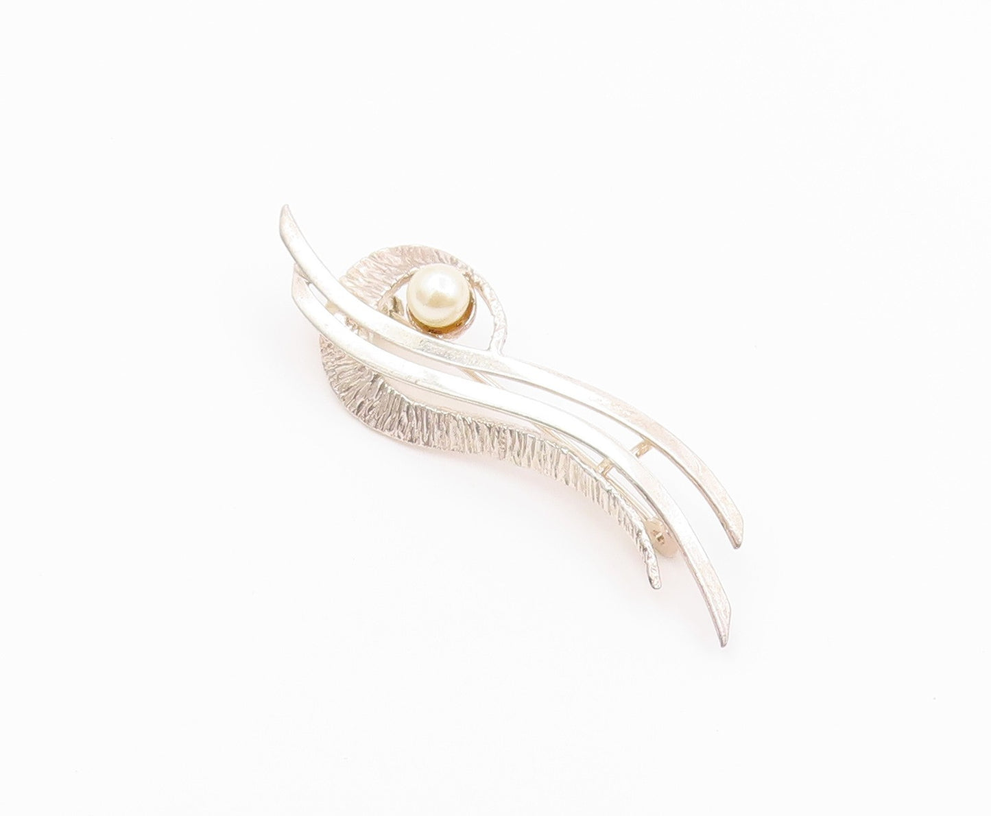 925 Sterling Silver Vintage Brooch Pin Modernist Pearl Ribbon Swirl  BP12639