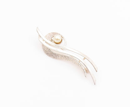 925 Sterling Silver Vintage Brooch Pin Modernist Pearl Ribbon Swirl  BP12639