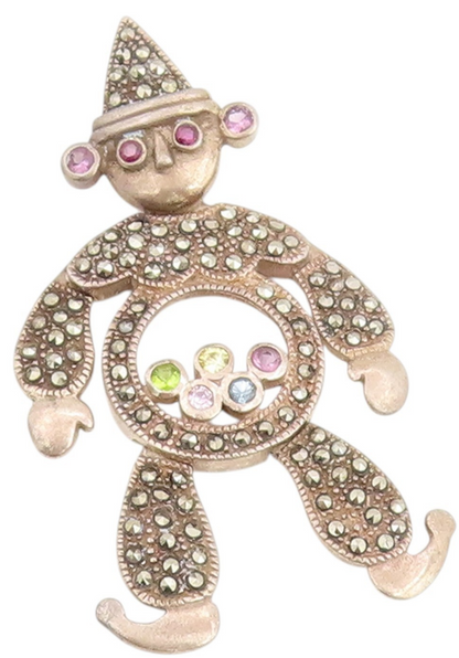 925 Sterling Silver Vintage Pendant Multi Gemstone Dancing Clown MOVES  PT25169