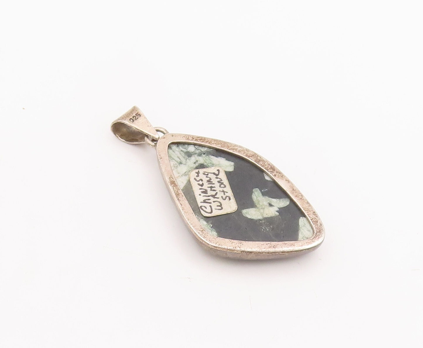 925 Sterling Silver Vintage Pendant Large Chinese Writing Stone  PT23298